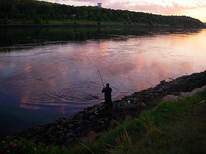 Thieu, showing us how it's done, plays a near 20lb striper as dawn breaks. The lure was a herring-sized jerk bait.