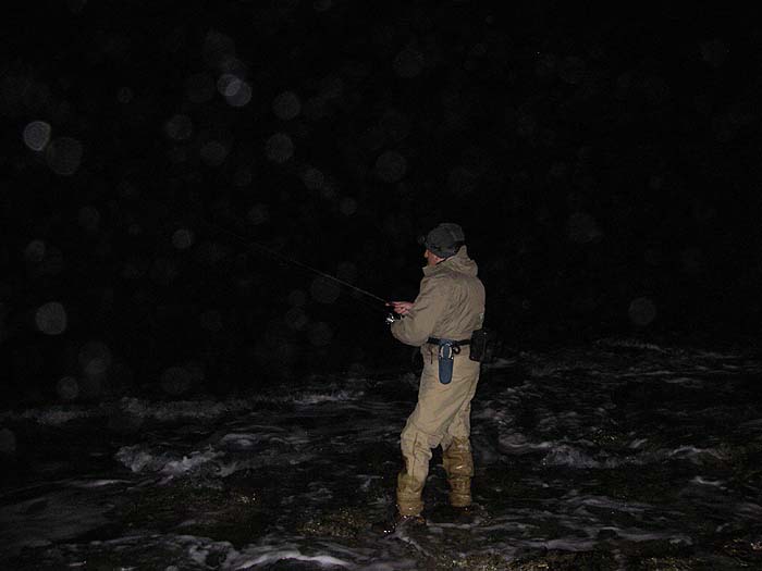 Spinning for pollack in the dark.