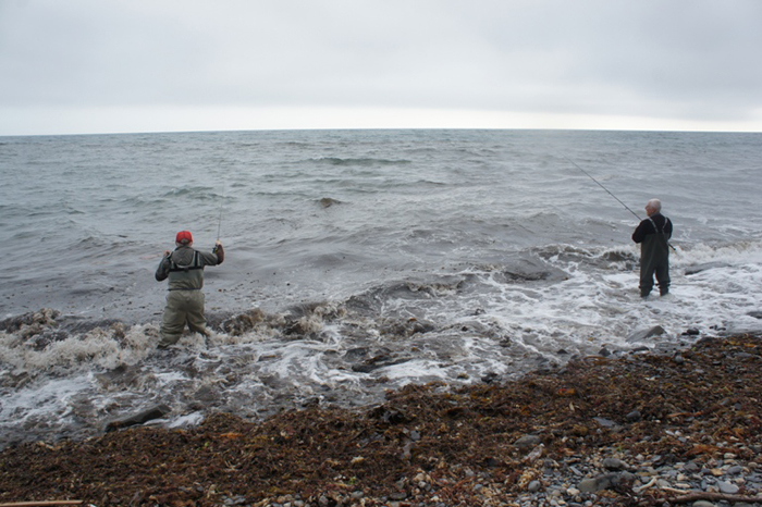 Nigel and me flogging away. The crap in the breaking waves made it tricky to beach fish on the fly gear.