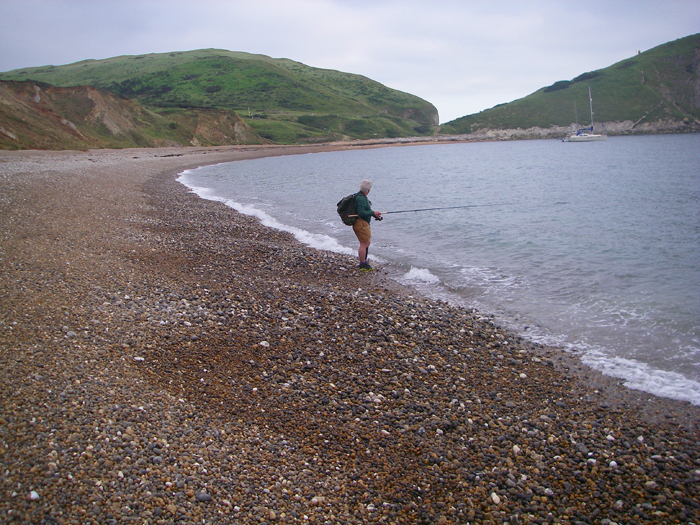 Dave flogging away along Worbarrow beach. Hard work.