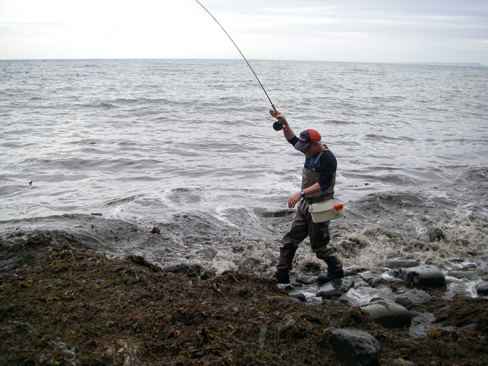 Tripping and slithering along the boulders after his fish.