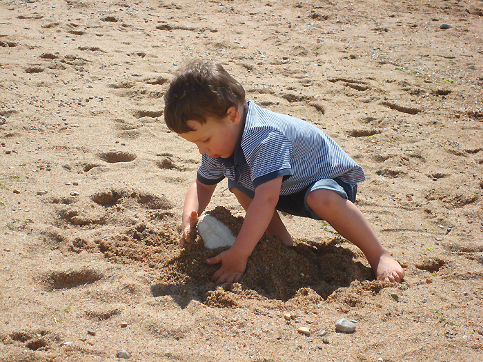 My grandson. More interested in the sand than the fish at the moment.