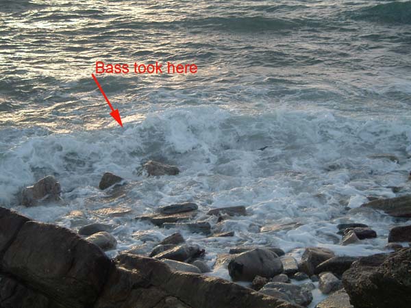 This is just about where the fish was hooked. I was standing on a rock a foot or two above the waves.