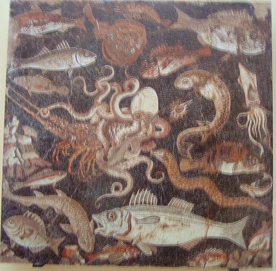 My picture is a bit fuzzy (perhaps not surprising after 2000 years). Clearly the fishermen of Pompeii caught dogfish, electric ray, bass, gilthead, squid, octopus, gurnard,etc. etc.