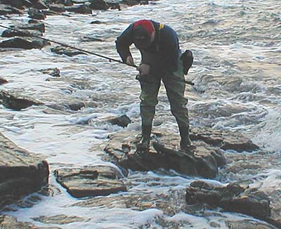 The fish is slid ashore onto the wet rocks.
