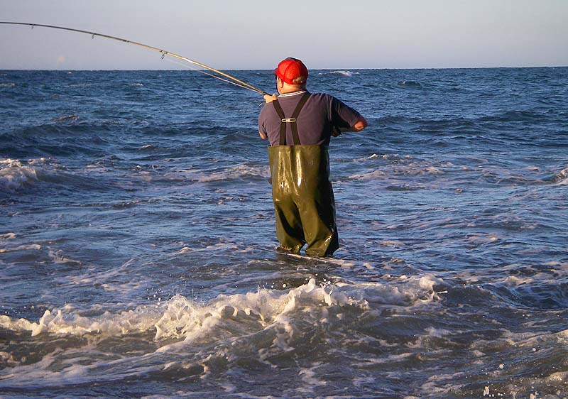 Nigel lobs his mackerel fillet ten metres out into the surf.