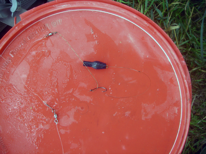 My little circle hook and weedless weight on top of the bait tub.