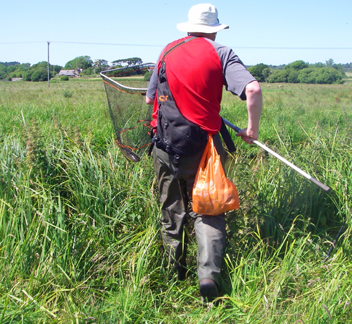 The net is used to return the fish to the water from the high bank of the river.  The orange poly bag holds our bait.