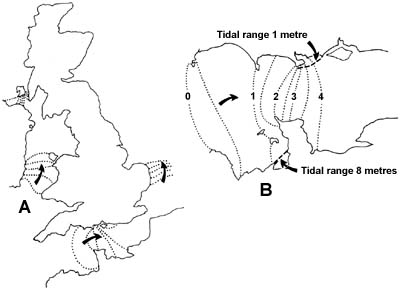 18. Lines connecting points at which high water occurs at the same times.  A:Note the long delays over short stretches of coast in East Anglia, Dorset, south-east Eire and the island of Isla (dotted lines show hourly differences).  B:Details of tidal advance up the English Channel (dotted lines show half-hour differences).