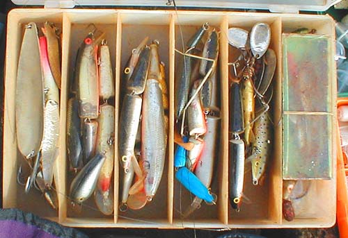 Spoons, plugs and spinners.  Most of the lures are hookless because these days I keep the trebles clean and dry in separate containers and fit them when needed.  This avoids tangles of rusty hooks and rust coloured lures.